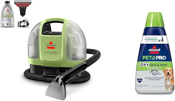 BISSELL Little Green Mini Cordless Portable Carpet and Upholstery Deep Cleaner, 4015 + BISSELL® PET PRO OXY Spot & Stain Formula for Portable Carpet Cleaners, 32 oz., 2034