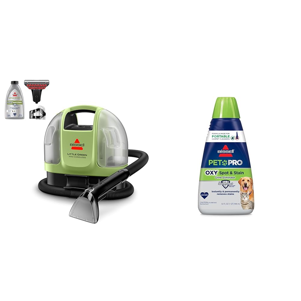 BISSELL Little Green Mini Cordless Portable Carpet and Upholstery Deep Cleaner, 4015 + BISSELL® PET PRO OXY Spot &amp; Stain Formula for Portable Carpet Cleaners, 32 oz., 2034