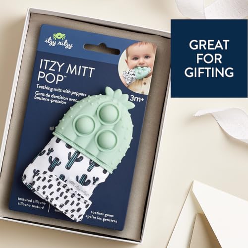 Image of Itzy Ritzy Silicone Teething Mitt - Soothing Infant Teething Mitten with Adjustable Strap, Crinkle Sound & Textured Silicone to Soothe Sore & Swollen Gums - for Ages 3 Months & Up (Cactus)