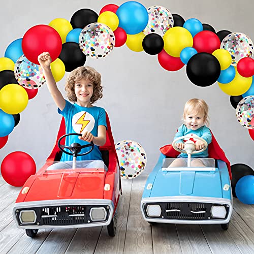 Image of 147 Pieces Hero Theme Balloon Decorations Arch Garland Kit Include Blue Red Yellow Black Balloons with Confetti Balloons and Roll Tape for Kids Birthday Party Supplies