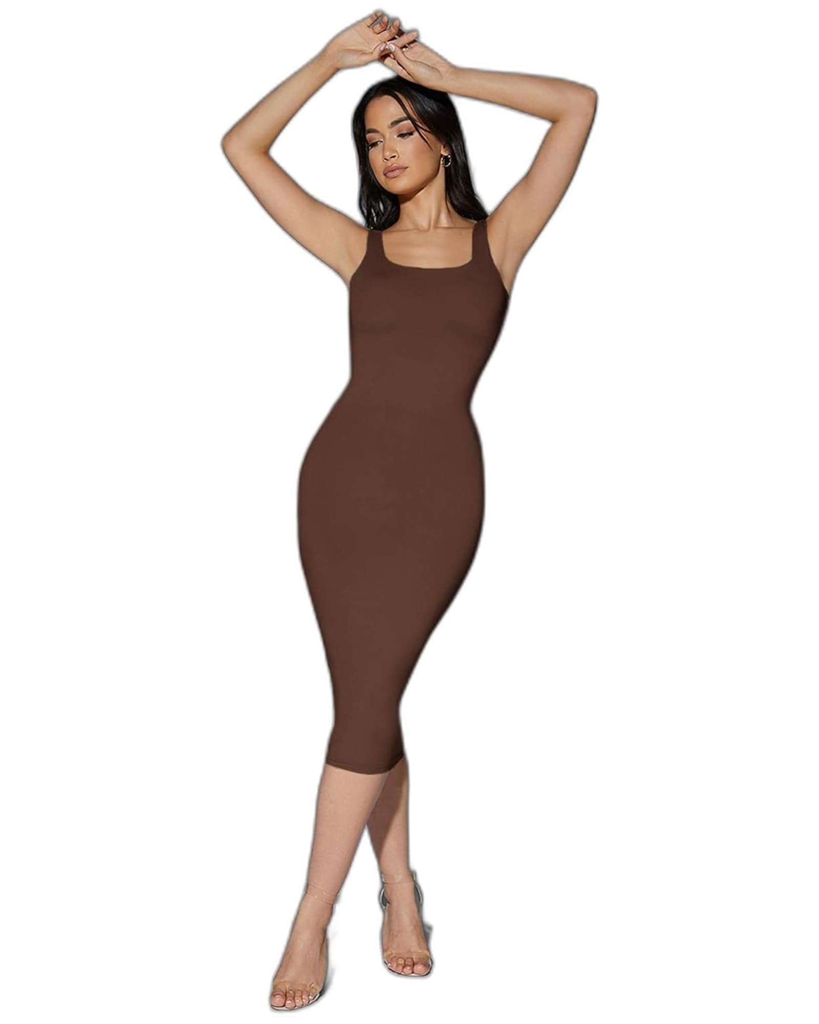 Style cruwSleeveless Bodycon Party Dress for Women |Square Neck High Waist Rib Knit Tank Long Dress Stylish Outfit