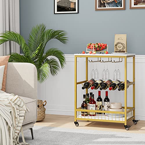 Hithos Industrial Bar Carts For The Home, Mobile Bar Serving Cart With Wine Rack And Glass Holder, Beverage Cart, Wine Cart On Wheels, Rolling Drink Trolley For Living Room, Kitchen, White Gold #TOP3