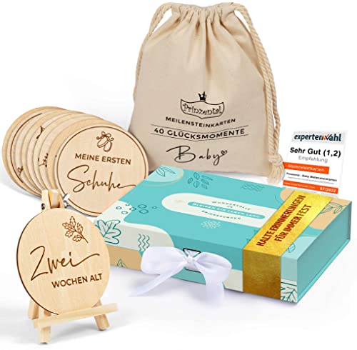 Prinzental® Meilensteinkarten Baby aus Holz | 40 Meilensteine auf edlen Holzscheiben | Mit Staffelei, Blanko Karte, Stoffbeutel und Geschenkbox | Zeitloses Design & Premium Qualität