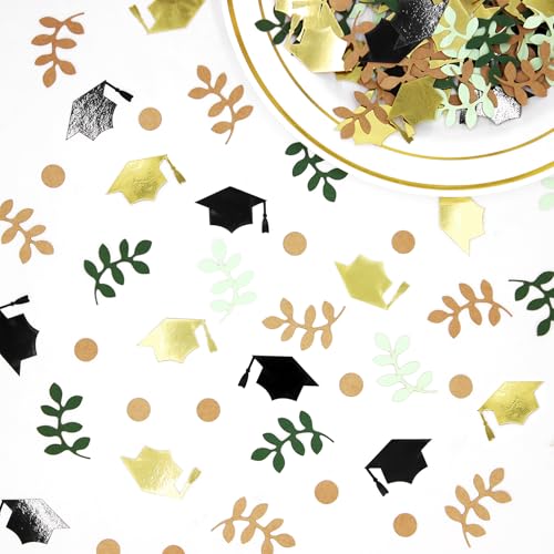 Image of Greenery Graduation Confetti Class of 2026 Rustic Vintage Graduation Decorations Black and Gold Grad Cap Sage Green Grad Party Decorations 2026