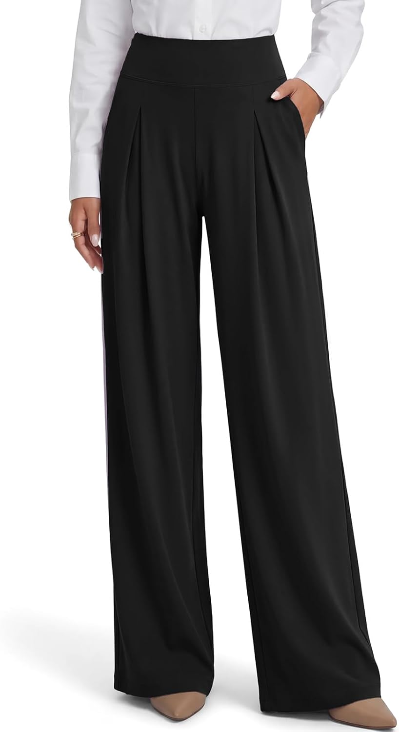 Wide Leg Dress Pants for Women with Pockets, High Waisted & Front Pleated Work Trousers, Casual Lounge Palazzo Slacks