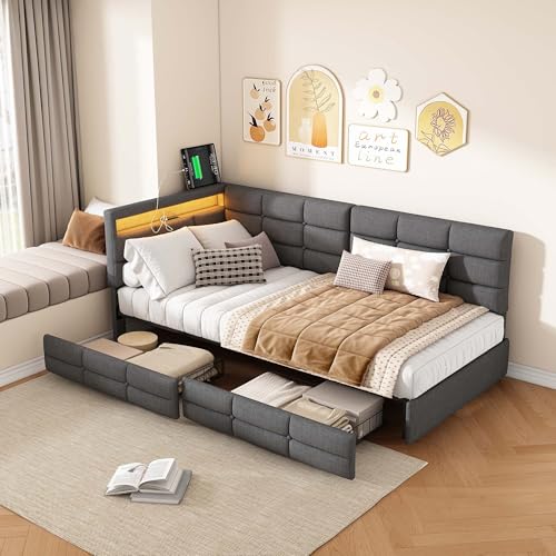 Sofá cama 90 x 200 cm con cajón de almacenamiento, sofá cama acolchado con iluminación LED y puertos USB, moderno banco de camas para 1 persona multifunción con somier de láminas, lino (gris, 90 x 200