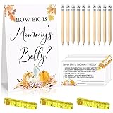 Picture of Sabary 64 Pcs Little Pumpkin Baby Shower Games Include Fall How Big is Mommy's Belly Sign and 50 Maple Leaf Guessing Card with 10 Pencils 3 Measuring Tapes for Thanksgiving Event Supplies Baby Shower