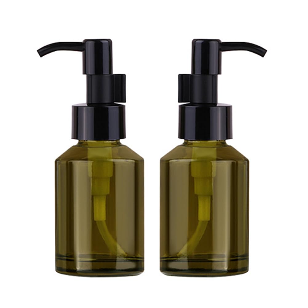 2Pcs 60ml/2oz Empty Green Glass Lotion Pump Bottles with Black Pump Top Refillable Essential Oils Dispenser Sample Vials Travel Cosmetic Container for
