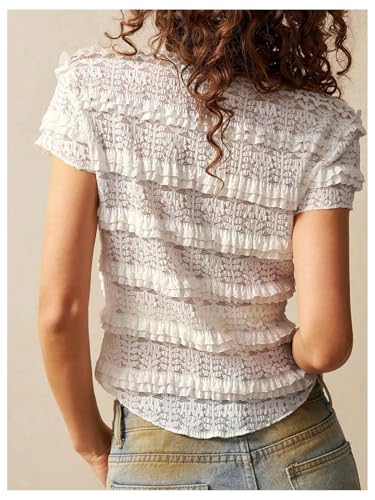 GORGLITTER Women's Button Up Lace Ruffle Shirt Short Sleeve Deep V Neck Layered Frill Trim Tops3
