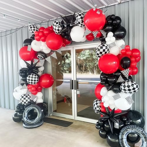 Image of Racing Car Balloons Arch Garland Kit, Red and Black White Checkered Foil Balloons Garland Kit, Wheels Balloon for Boys Birthday Baby Shower Race Car Theme Party Decorations Supplies