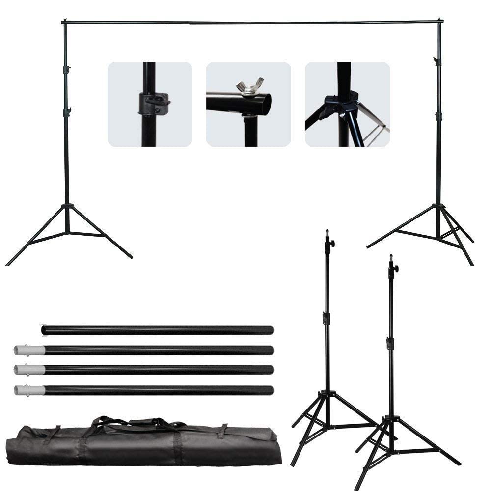 Bonnlo 2 x 3 m Support de Fond Photo, Support Toile de Fond Réglable avec 3 Pinces, Un Sac de Transport et 2 Sacs de Sable, pour Professionnel Fond Studio Photo, Photographie Portrait.