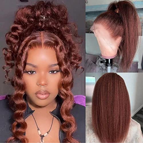 UNICE Reddish Brown Kinky Straight 13X4 Lace Front Wigs Glueless Human Hair for Women,Brazilian Remy Hair Yaki Straight Auburn Brown Colored Wig Pre Plucked with Baby Hair 150% Density 20Inc