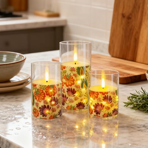 Image of Flickering Flameless Candles, Recessed String Light LED Candles 3D Wick Acrylic Battery Operated LED Pillar Candles with Remote and Timer for Modern Simple Home Decor Set of 3(Floral Printed)