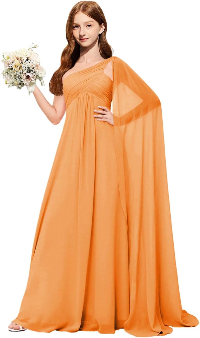 Junior Bridesmaid Dresses for Teen Girls Formal Dress Chiffon One Shoulder Flower Girl Dress for Wedding Gown Pleated