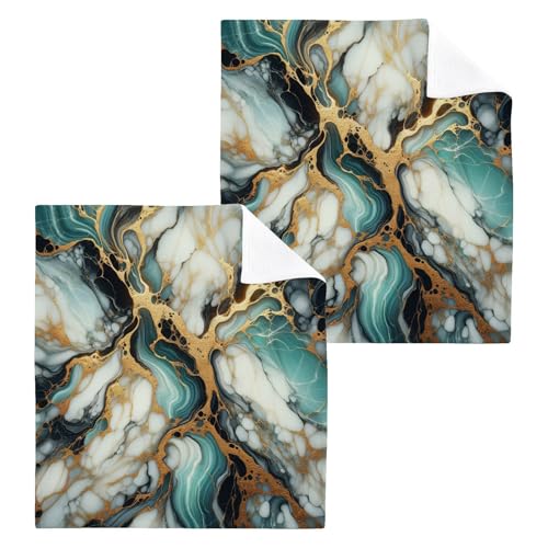 YANENDIE Aqua Black Gold Marble Washcloths Towels, Highly Absorbent and Soft Cotton Face Cloths, 2 Pack Quick Dry Wash Cloths - 12 X 12 Inches