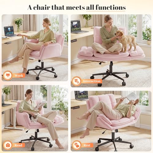Image of DurayLoly Criss Cross Chair, Flip-Up Arms & Adjustable Height | Velvet, Thick Foam Seat,360 Swivel, Rolling Wheels, for Home Office, Bedroom, Makeup Room, Pink.