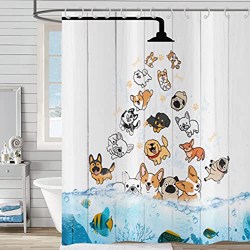 Hnmdmyi Rideau de Douche Drôle 180x180, Animal de Compagnie Coloré Chien et Poisson Océan Enfants sur Fond Bois Rustique, Baignoire Imperméable en Polyester