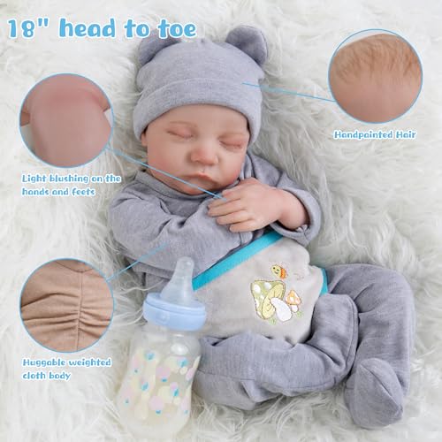 Image of Lifelike Reborn Baby Dolls - 18-Inch Sweet Smile Real Life Realistic-Newborn Full Body Vinyl Sleeping Baby Boy with Toy Accessories Gift Set for Kids Age 3+