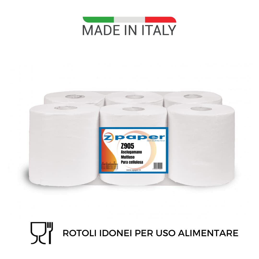 ZPAPER - 6 Rotoli Asciugamani - Pura Cellulosa, 2 Veli, Confezionati. Rotoloni Asciugatutto Asciugamano Multiuso