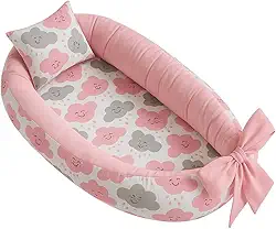 Ninho redutor de berço bebê percal 100% algodão + Almofada Anatomica Estampada Unissex (Nuvem Rosa)