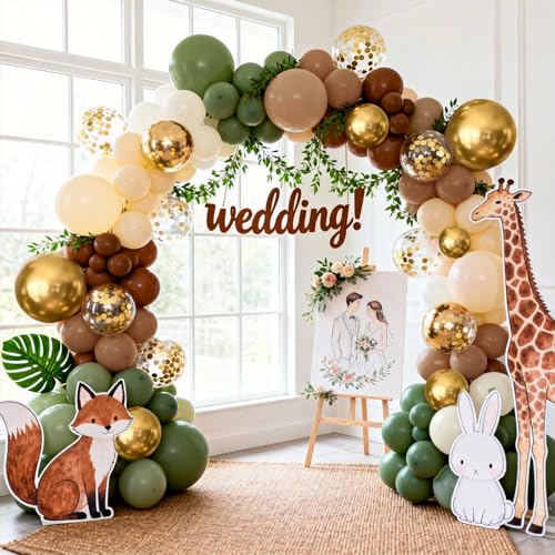 Image of Sage Green Brown Gold Balloons Arch Kit, Latex, Party Decorations | Tan Nude Sand White , Olive Green Beige Gold with Confetti Balloon Garland, for Jungle Safari Woodland Birthday Wedding Decor
