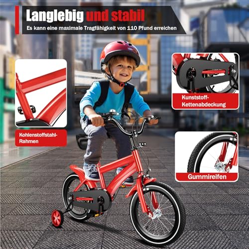 CLEADONG 14 Zoll Kinderfahrrad, Kinderfahrrad Höhenverstellbar, Jungen-Mädchen-Fahrrad mit Stützrädern, Fahrrad Kinder für Alter von 3-6 Jahren Rot – Bild 4