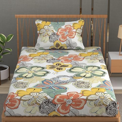 Image of Vram Premium Heavy Cotton Elastic Fitted Bedsheets with 1 King Size Pillow Covers || Single Bed with All Around Elastic 350 TC || 36 x 78 x 6 Inch Single Size Fitted || :- Cream Big Flower
