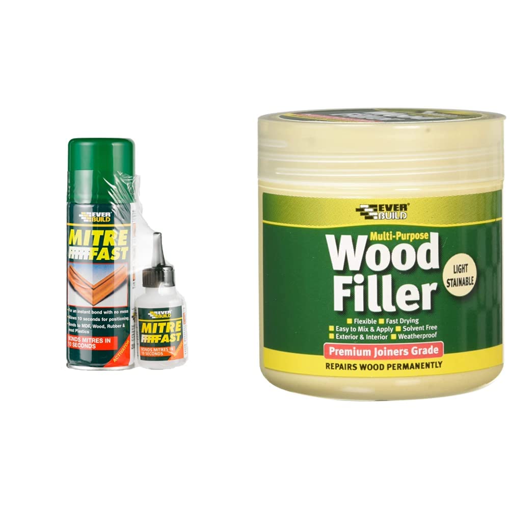 EverbuildMitre Fast Two Part Instant Bonding Kit, 50g Adhesive & 200ml Activator & EVBMPWFLS250 Multi-Purpose Wood Filler, Light Stainable, 250 ml