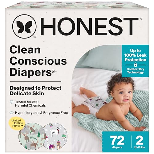 Image of The Honest Company Clean Conscious Diapers for Delicate Skin | Up to 100% Leakproof | Hypoallergenic, Fragrance Free | Winter '25 Limited Edition Prints | Club Box, Size 2 (12-18 lbs), 72 Count