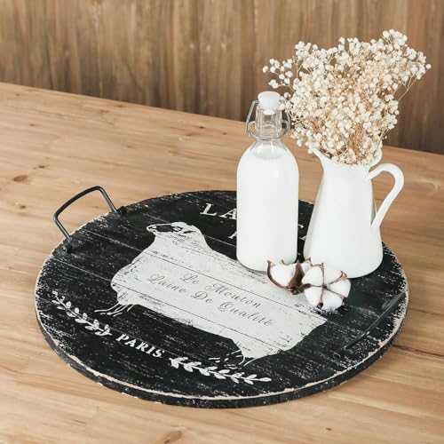Farmhouse-Wooden-Serving-Tray-with-Handles-18-French-Farm-Sheep-Round-Rustic-Tray-Wooden-Black-Serving-Tray-for-Ottoman-Home-Kitchen-Coffee-Table-Decor Farmhouse Wooden Serving Tray with Handles 18 French Farm Sheep Round Rustic Tray Wooden Black Serving Tray for Ottoman Home Kitchen Coffee Table Decor