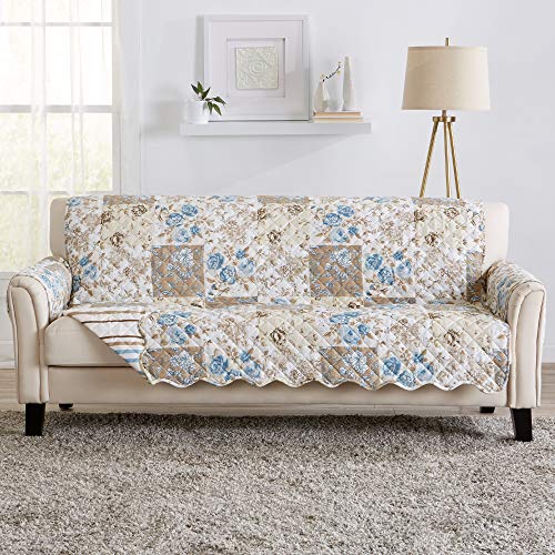 Image of Great Bay Home Reversible Floral Patchwork Sofa Furniture Protector - Machine Washable, Scalloped Edge, Stain Resistant, Printed Furniture Cover for Dogs, Kids, and Pets (Taupe /Blue)