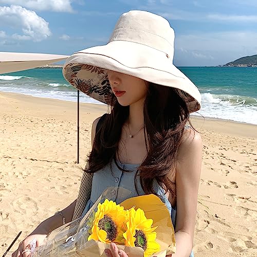 Image of HUAMULAN Women Sun Hat Summer Bucket Beach Boonie Cotton Cap Wide Brim UPF 50
