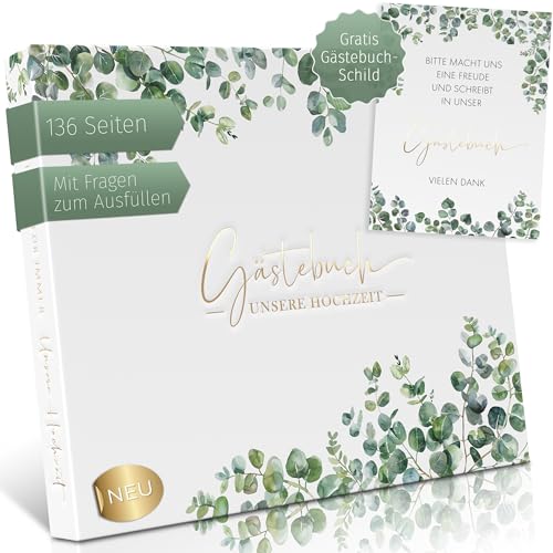 Love Notes Gästebuch Hochzeit mit Fragen zum Ausfüllen - Hochwertiges Hochzeitsbuch für unvergessliche Erinnerungen Edle Gold Prägung 70 Gästeeinträge 21 x 23 cm (Eukalyptus + Gold)