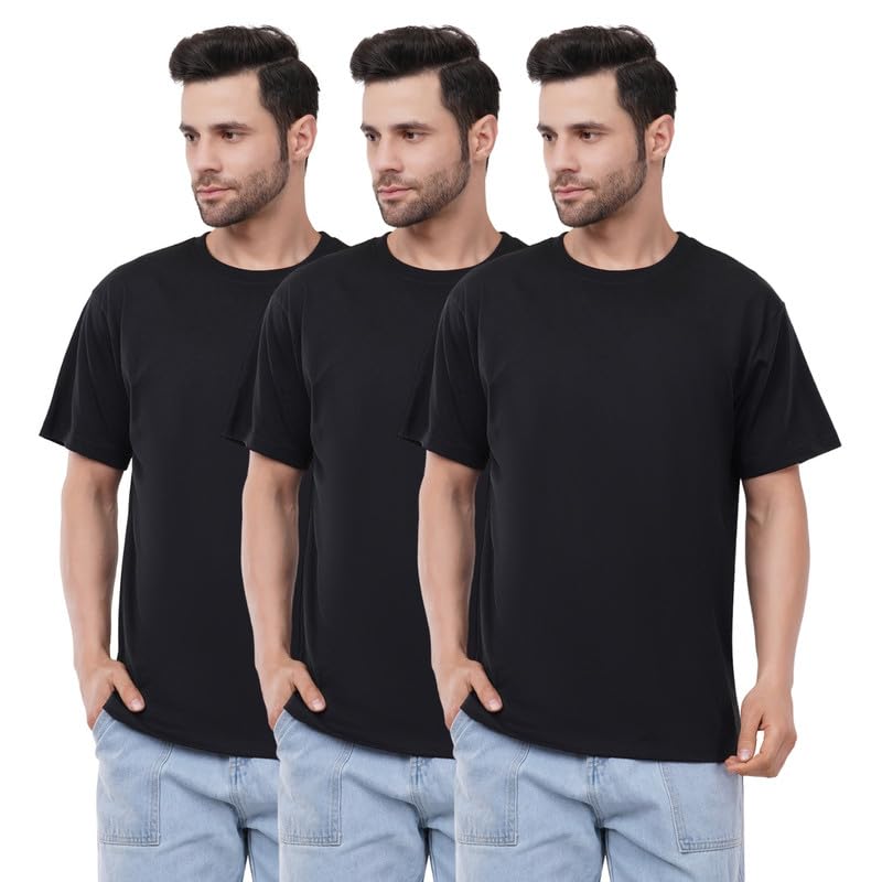 Image of tinies Cotton Tshirt Crew Neck Mens Plain Solid Regular Fit Half Sleeve Mens T-Shirt (Combo Set of 3) Black Size 2XL