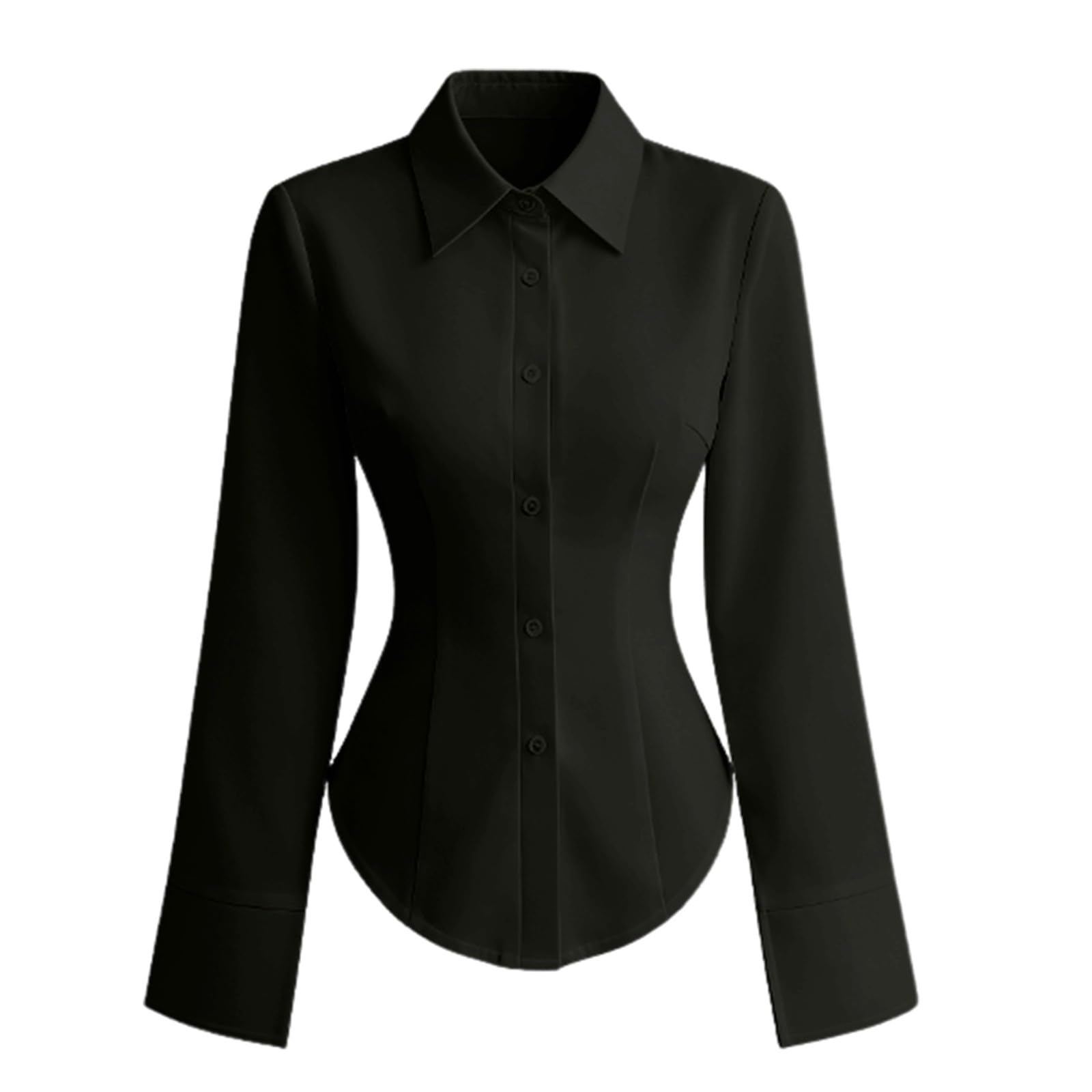 Chemise boutonnée pour femme - Taille cintrée - Coupe ajustée - Manches longues - Pour le travail et le bureau - Haut à revers avec poignets larges