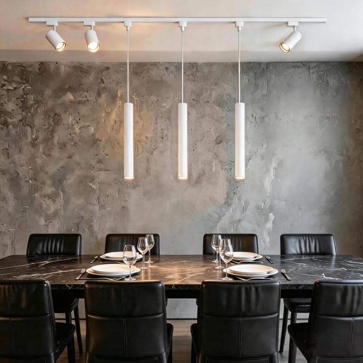 Kitchen Island 6 LED White Track Pendant & Spot Lighting Kit, 230V 3CCT, 3 Pendant Lights & 3 4000K Spotlights with 3m H-Type Rails, Modern Ceiling Light Fixture for Dining Room Living Room Cafe