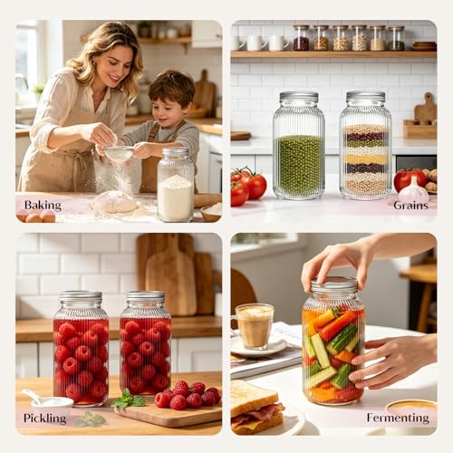 INSETLAN 64 oz Wide Mouth Glass Mason Jars, Set of 2, Ribbed Canning Jars for Sourdough Starter, Pickling, Fermentation, Sun Tea & Pantry Storage, Refrigerator Safe by INSETLAN - Used condition - Image 8