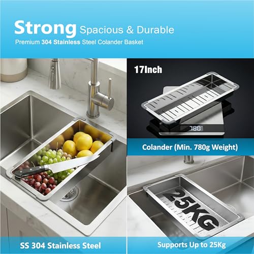 Image of Fossa Aqua 21 inchx18 inchx09 inch Inch Single Bowl Handmade Kitchen Sink 25-Year Warranty AISI 304 Stainless Steel, 2.2mm Thickness, Includes Colander, Coupling & Waste Pipe Set Silver (Matte finish)