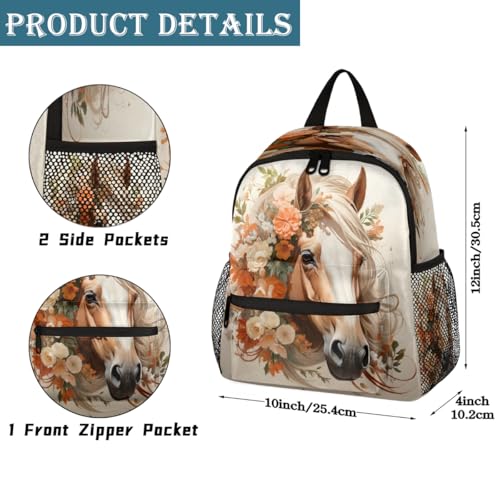 Watercolor Horse Floral Pattern Kids Backpack for Boys Girls, Waterproof Lightweight Toddler School Bag with Chest Strap, Small Travel Book Bag Preschool Kindergarten Backpack2