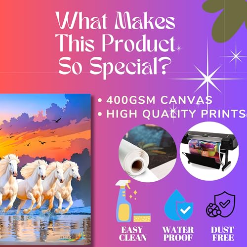 Image of 7 Horses Painting - Rising Sun Canvas Painting for Wall Decoration | 24 x 18 Inch 7 Horse Canvas on 7mm MDF with 400 GSM Canvas | Vastu Wall Decor for Living Room & Bedroom