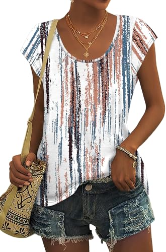 Saloogoe Womens Summer Tops 2025 Cap Sleeve U Neck T Shirts Short Sleeve Tshirts Shirts Beach Fashion Vacation Outfits