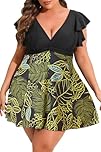 Smismivo Plus Size Swimwear for Women Sleeve One Piece Swim Dress Tummy Control Swimsuit Ruffle Swim Skirt Curvy Swimdress Full Coverage Swimming Costume (Black Yellow Leaf)
