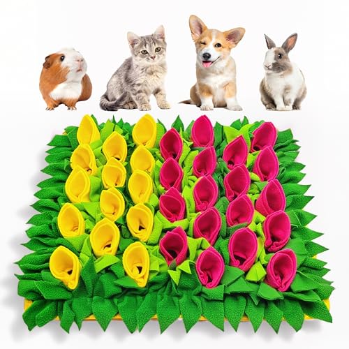 Snuffle Mat for Dogs, Cats, Rabbits, Guinea Pigs, Durable Washable Pet Feeding Mat, Flower & Grass Slow Feeder, Nose Work Training Pad, Anxiety Relief & Mental Stimulation(S, Yellow/Rose Red)