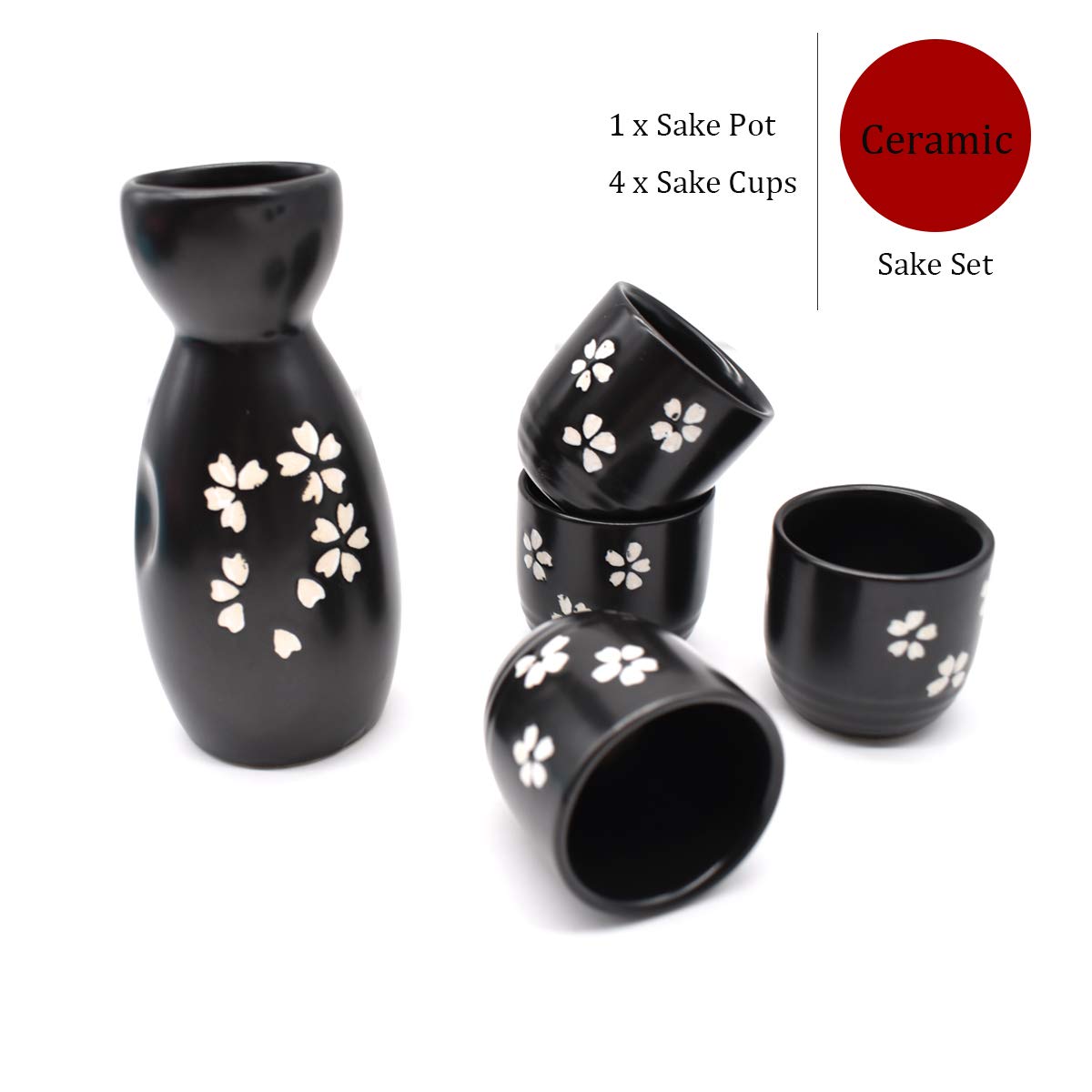 Set da Sake Giapponese,5 Pezzi Ceramica Tradizionale Porcellana Bicchieri da Vino Dipinti a Mano Fiori di Ciliegio Sake Pot Tazze Artigianale Regalo Set(Nero)