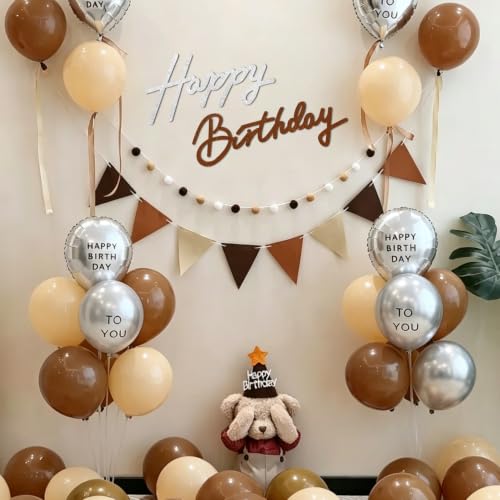 Image of TONIFUL Happy Birthday Sign for Backdrop - Glitter Brown Silver Felt Banner - Includes Dot Glue - Perfect for Birthday Party Backdrop,Wall Decr,Balloon Arch,Photo Background
