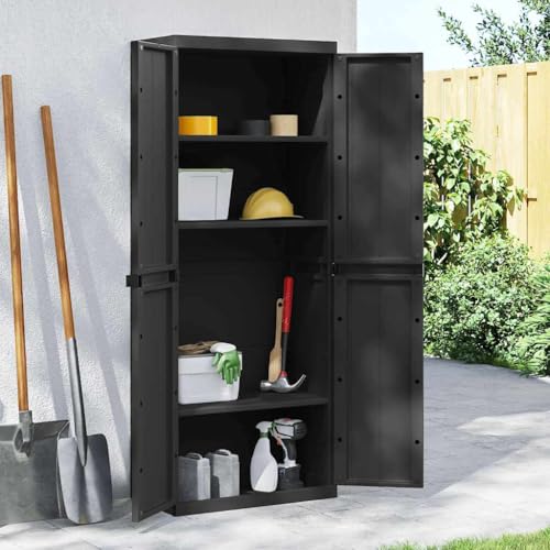 Bucmath Armario de jardín negro, 65 x 37 x 165 cm, PP polipropileno, resistente a la intemperie, con cerradura, ideal para jardín, balcón, terraza, mucho espacio de almacenamiento, estantes ajustables