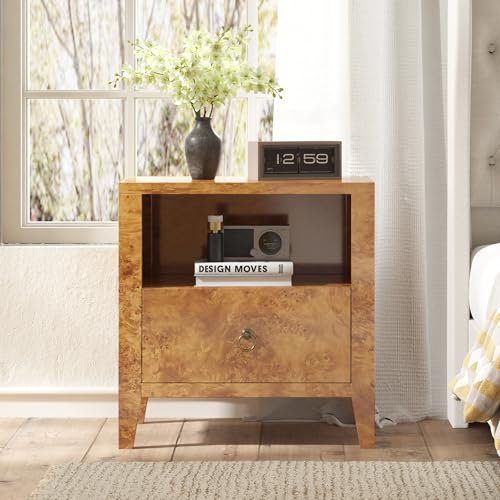 Image of AMERLIFE Nightstand Set of 2, Mid Century Modern Bedside Table with Drawer and Open Shelf, High Gloss Burl Wood Night Stand for Bedroom, Retro Yellow Wood Grain