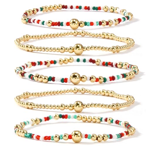 SHINUS BOHO Christmas Gold Beaded Bracelet Stack for Women Bohemian Red Green White Beads Stackable Bracelets Set Fashion Holiday Party Jewelry Gift Friendship