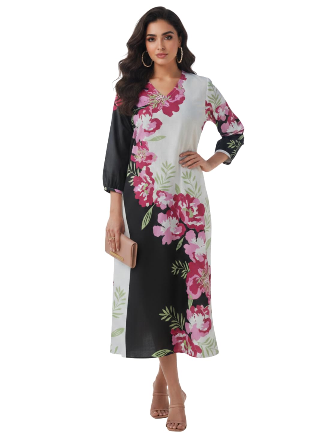 Women's Black & White Floral Printed 100% Pure Cotton A-Line Midi Dress | V-Neck, 3/4 Printed Cuffed Sleeves, Side Pockets | Casual Day Wear, Vacation-picture-20