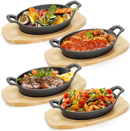 4 Pack Mini Cast Iron Fajita Skillet Set, 8.5 x 6.1 Inch Sizzling...